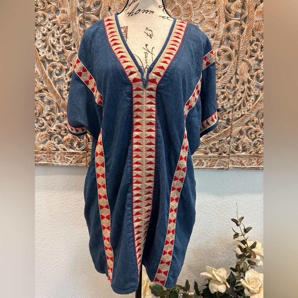 ZARA trf Collection Chambray w/Aztec Embroidered Trim Shirt Dress- oversized S